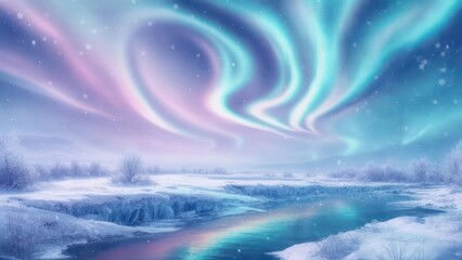Stunning Aurora Borealis over a Frozen Winter Landscape with Icy Lake.