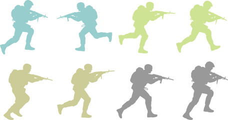 Soldier silhouettes running with rifles, military troop movement illustration, tactical infantry poses, combat action graphic, army operation silhouette set