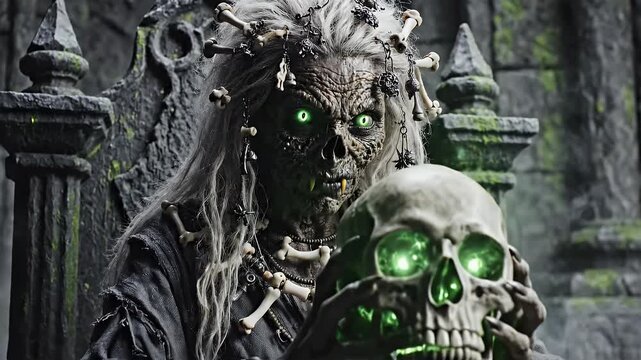 Sinister figure holding a glowing skull in a dark, spooky setting.
