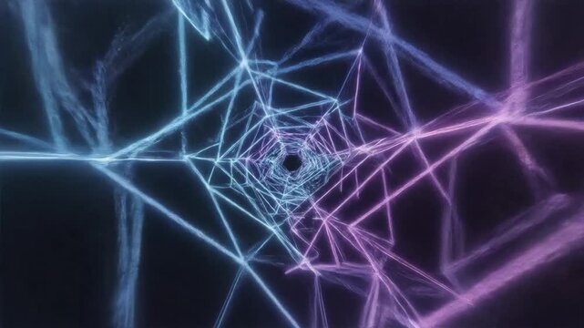 Futuristic neon web patterns created with glowing blue and purple lines, showcasing dynamic digital connection and abstract cyber network visuals for modern tech projects.