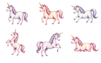Watercolor unicorn collection in playful poses for children’s invitations and artwork.