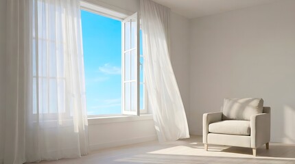 A bright, minimalist room with white walls, an open window, sheer curtains blowing in the breeze, and a single armchair.