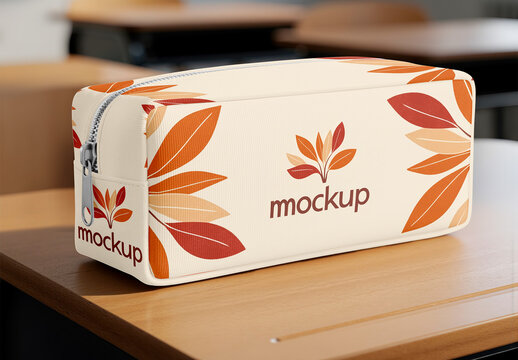 Pencil Case On Wooden School Desk Mockup