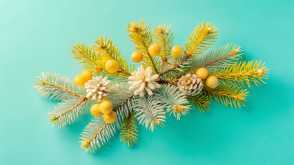 Festive Christmas Decoration with Golden Pine Branches and Ornaments on Turquoise Background