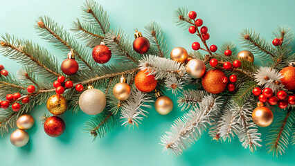 Festive Garland with Red Berries and Gold Baubles on Teal Background