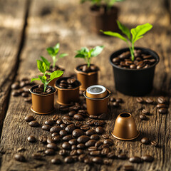 Close up of coffee capsules and beans on wooden table generated.AI
