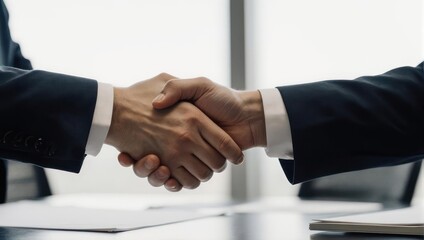 Two businessmen shaking hands in a modern office setting, symbolizing agreement and partnership.
