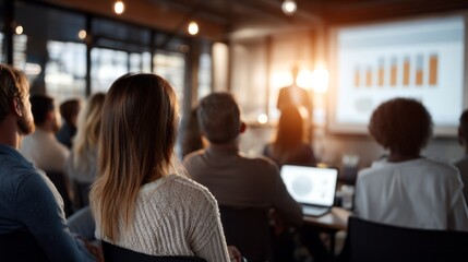 A diverse group of professionals gathers in a stylish office to hear a business presentation. They focus on the speaker and the data displayed on the screen, reflecting interest and engagement