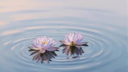 Two serene purple lotus flowers floating on tranquil rippling water.