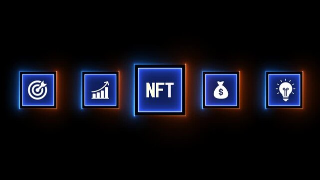 Non- Fungible Token NFT Business Icons with Glowing Neon Borders on Black Background non-fungible token