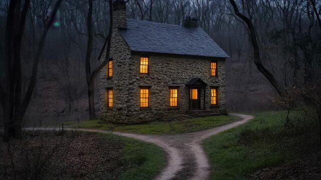 Secluded Stone House Amidst Woods: A quaint stone house stands nestled deep within a haunting, ethereal forest, bathed in the soft, inviting glow of interior lights, pathway forks in the dark.