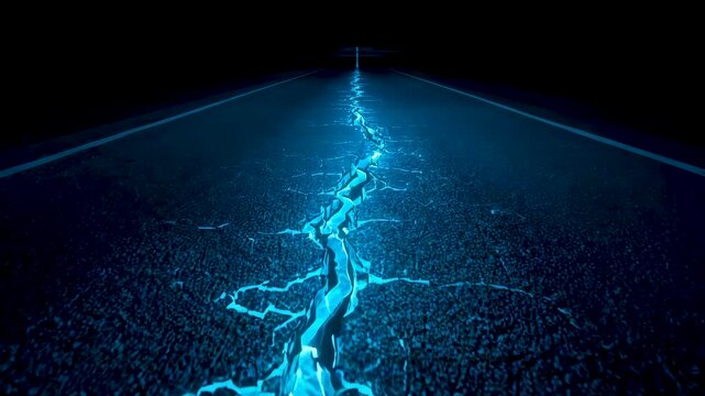 Night aerial view of cracked ground illuminated by glowing electric blue fissure line