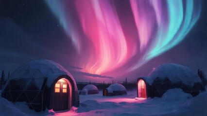Vibrant Aurora Borealis over Snow-Covered Igloos in a Winter Wonderland Night.