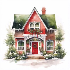 christmas house with christmas tree, watercolor painting, isolated white background.