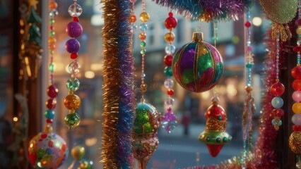 Vibrant Christmas Ornaments and Decorations Hanging in a Festive Display.