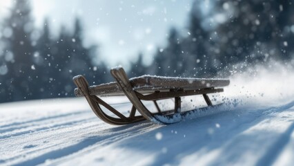 Vintage wooden toboggan speeding through fresh snow in a winter forest.