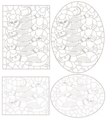 Set of contour illustrations in the style of stained glass with abstract cats, dark contours on a white background