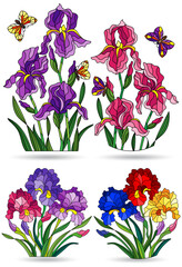 Set of illustrations in the style of stained glass with floral arrangements, bouquets of iris flowers and butterflies 
