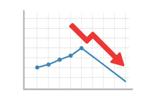 Financial graph showing a decreasing trend, a red arrow pointing down indicating stock market loss and economic crisis
