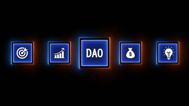 Decentralized Autonomous Organization DAO concept with glowing neon icons on dark background blockchain