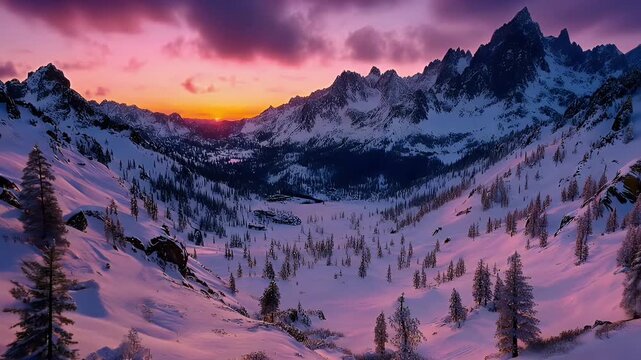 Breathtaking Winter Landscape of Majestic Mountains and Serene Snow-Covered Valley at Sunset