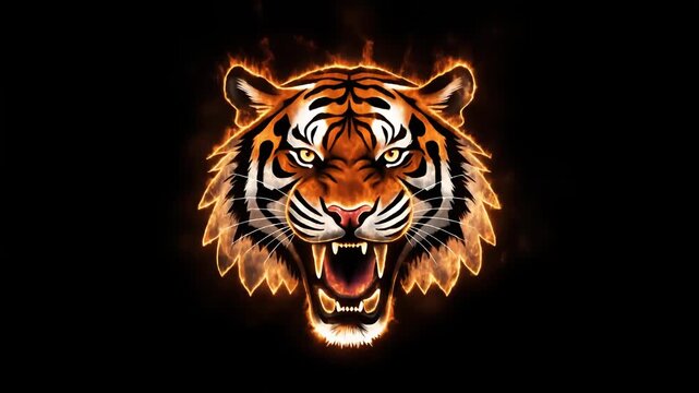 Dynamic Illustration of a Fiery Roaring Tiger Head on a Black Background