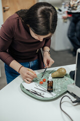 Young woman carefully slices red fruit for examination, using tweezers and scalpel on a lab tray with a pear, petri dish, and glassware