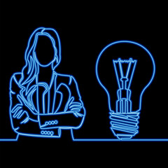Businesswoman in formal suit with giant light bulb symbolizing innovation and ideas icon neon glow vector illustration concept