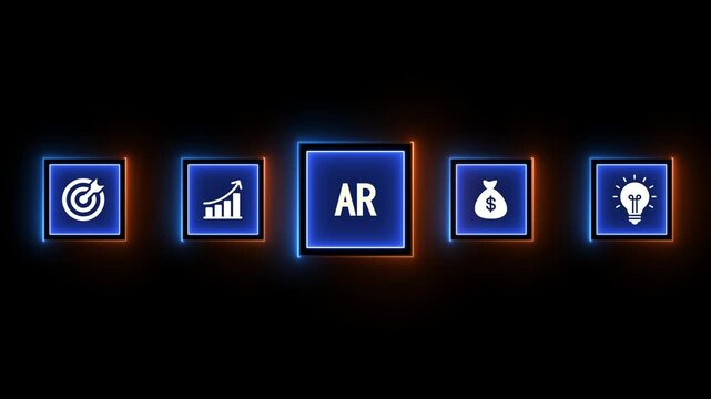 Augmented Reality AR Business Icons with Glowing Neon Borders on Black Background technology