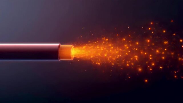 Glowing fiber optic cable emitting bright orange particles against dark background