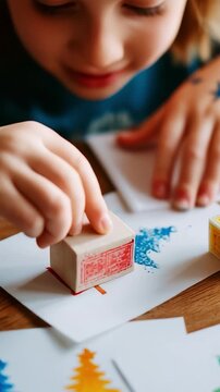 Creative Artistic Exploration: A Child Engaged in Colorful Stamping Crafts, Printing Vibrant Images of Christmas Trees and Festive Shapes with Joyful Expression on Their Face