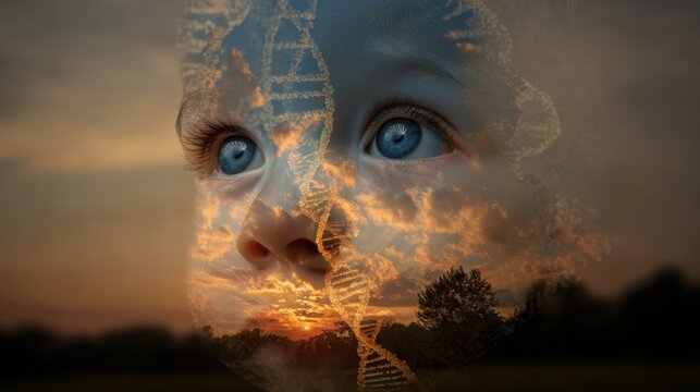 A child looks up with blue eyes as a DNA strand blends into a colorful sunset. The scene shows a connection between nature and life's beginning in the evening.