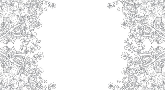 Intricate Floral Mandala Border Design in Black and White.