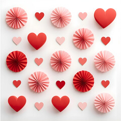 Romantic arrangement of red and pink hearts and paper rosettes on a clean white background, perfect for Valentine's Day or love themes.