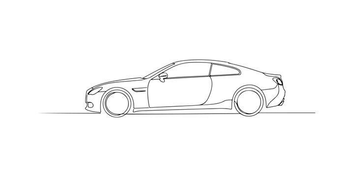 Continuous one line of a luxury car, sleek minimalist design about money and materialism, hand drawn vector illustration.