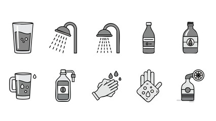 Water and Hygiene Icons Set Hydration Sanitation Cleaning Liquid Consumption Doodle Vectors