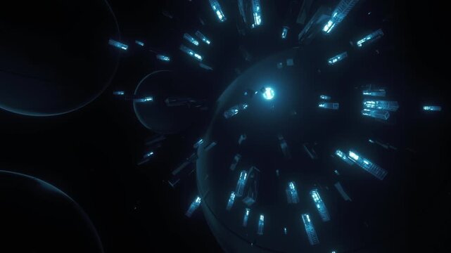 Futuristic sphere illuminates an AI chip, which powers various modules via fiber optic network transmission, creating a sense of technology, dynamism, and 3D rendering.