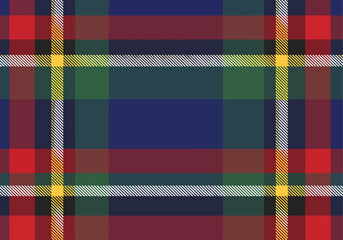 Seamless colorful plaid fabric texture background featuring a vibrant geometric tartan pattern with orange and blue checkered textile design for vintage fashion wallpaper art