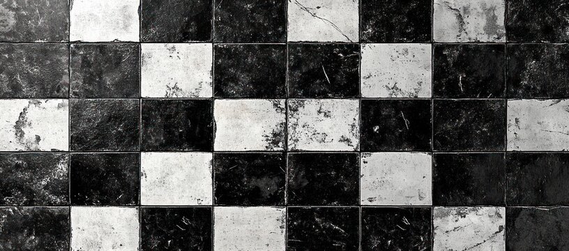 Distressed monochrome checkered tile pattern with vintage aged aesthetics
