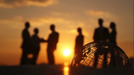 Six people stand in silhouette during sunset engaged in conversation. A globe sits in front of them illustrating a global perspective and collaboration.