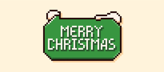 Pixel art speech bubble with a green background the phrase Merry Christmas and snow peaks.