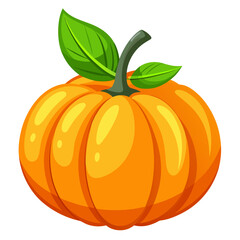 Bright orange pumpkin with green leaves and stem
