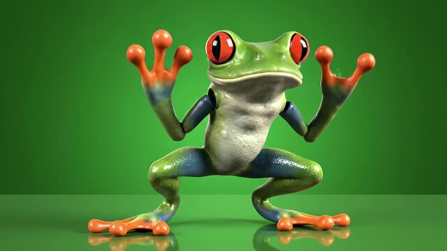 Captivating Red-Eyed Tree Frog poised in a dynamic dance, showcasing its playful energy and striking colors, perfect for themes of agility and lively animal movement