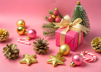 Festive Christmas Holiday Flat Lay with Pink Gift Box, Ornaments, and Pine Cones on Pink Background