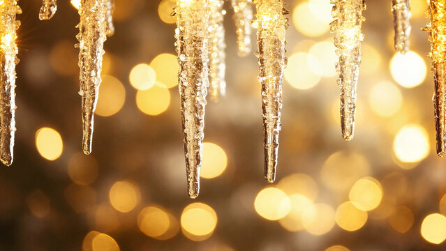 Luxurious festive winter feeling, sparkling icicles, golden bokeh background, 
Crystal icicle garland, hygge winter still life,  - Powered by Adobe