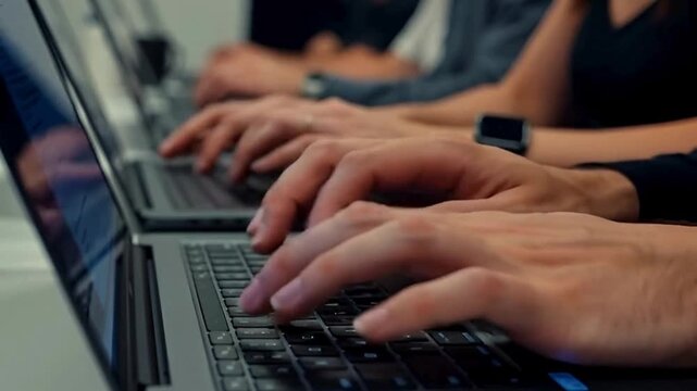 Close up of freelancer's developer hands typing program code on laptop keyboard in coworking. Copywriter writing text on computer keyboard. Female Hands Typing on Laptop Keyboard Close Up