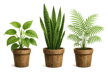 Obraz premium Grouping three popular indoor plants in natural wood pots, showcasing their vibrant green foliage for home decor applications
