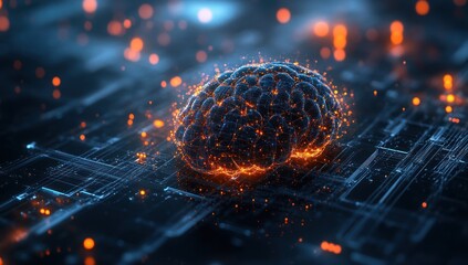 Artificial intelligence brain with glowing connections and circuit background