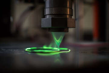 3D printer nozzle depositing molten filament, glowing edges, clean technical aesthetic