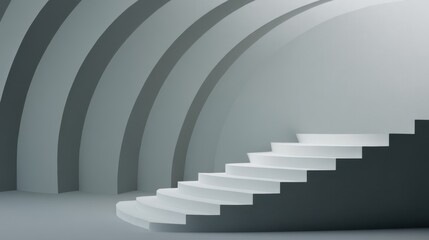 Fototapeta premium Stairs rise in a modern space with curved walls. The design features a mix of light and shadows that highlight the structure's form. The scene is minimal and clean.